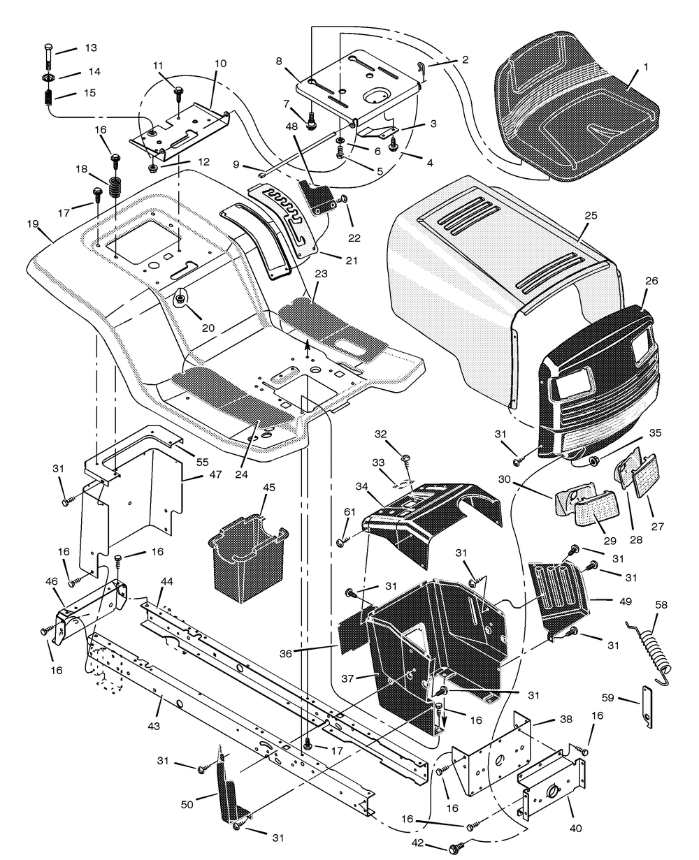 Chassis And Hood Diagram and Parts List for 465612X99A 2001 Briggs and Stratton Lawn Tractor